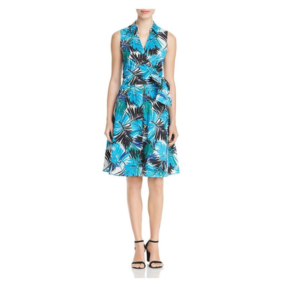 LE GALI Womens Tie Sleeveless Collared Knee Length Faux Wrap Dress